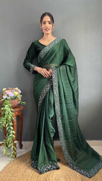 FANCY RANGOLI SILK SWAROVSKI  MIRROR VELVET LACE WORK READY TO WEAR SAREE WITH UNSTITCHED BLOUSE GREEN