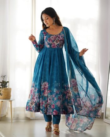DESIGNER TABBY ORGANZA DIGITAL PRINT WORK GOWN BOTTOM WITH DUPATTA SKY