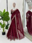 DESIGNER TABBY SILK THREAD SEQUENCE WORK SAREE WITH UNSTITCHED BLOUSE FESTIVAL WEAR WHOLESALE PRICE EHNIC GARMENT (42)