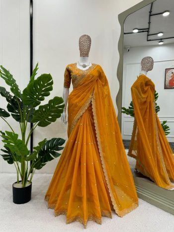 DESIGNER TABBY SILK THREAD SEQUENCE WORK SAREE WITH UNSTITCHED BLOUSE YELLOW