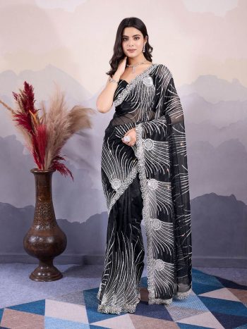 DESIGNER TWILL NET EMBROIDERY SEQUENCE WORK SAREE WITH UNSTITCHED BLOUSE BLACK