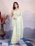 DESIGNER TWILL NET EMBROIDERY SEQUENCE WORK SAREE WITH UNSTITCHED BLOUSE PISTA