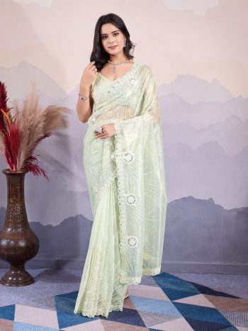 DESIGNER TWILL NET EMBROIDERY SEQUENCE WORK SAREE WITH UNSTITCHED BLOUSE PISTA