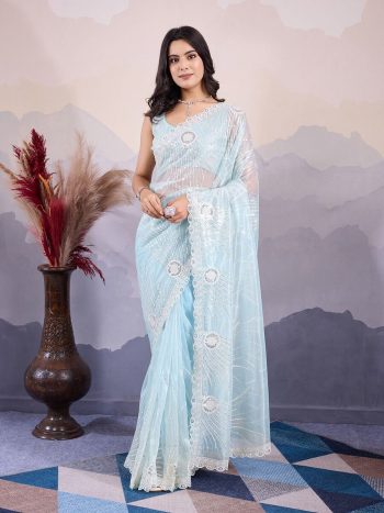 DESIGNER TWILL NET EMBROIDERY SEQUENCE WORK SAREE WITH UNSTITCHED BLOUSE SKY