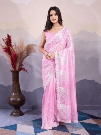 DESIGNER TWILL NET EMBROIDERY SEQUENCE WORK SAREE WITH UNSTITCHED BLOUSE BABY PINK