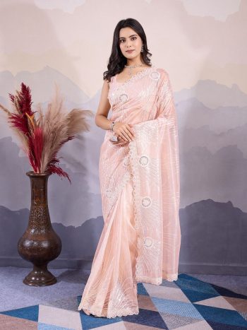 DESIGNER TWILL NET EMBROIDERY SEQUENCE WORK SAREE WITH UNSTITCHED BLOUSE PEACH
