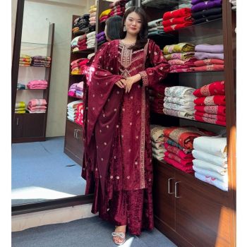 DESIGNER VELVET EMBROIDERY SEQUENCE WORK TOP PALAZZO WITH DUPATTA MAROON