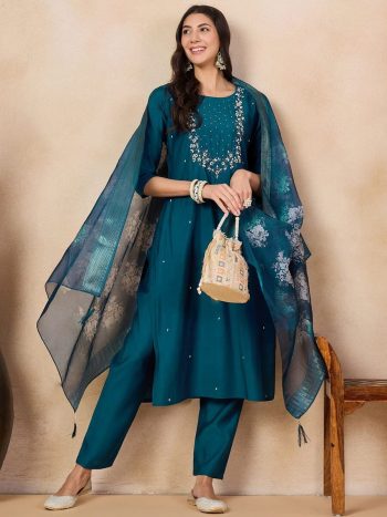 DESIGNER VISCOSE CHANDERI SEQUENCE CODING EMBROIDERY WORK TOP BOTTOM WITH DUPATTA BLUE