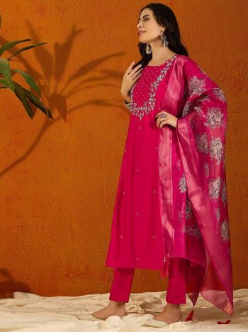 DESIGNER VISCOSE CHANDERI SEQUENCE CODING EMBROIDERY WORK TOP BOTTOM WITH DUPATTA PINK