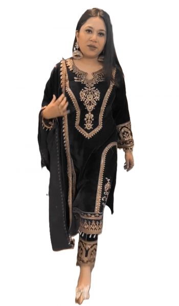 DESIGNER VISCOSE VELVET EMBROIDERY SEQUENCE CODING DORI WORK TOP BOTTOM WITH DUPATTA BLACK