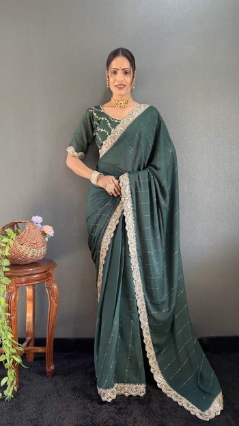 FABULOUS GEORGETTE SILK STONE WITH LACE WORK READY TO WEAR SAREE WITH UNSTITCHED BLOUSE GREEN