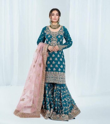 FANCY CHINON SILK EMBROIDERY SEQUENCE MIRROR WORK TOP SHARARA WITH DUPATTA RAMA