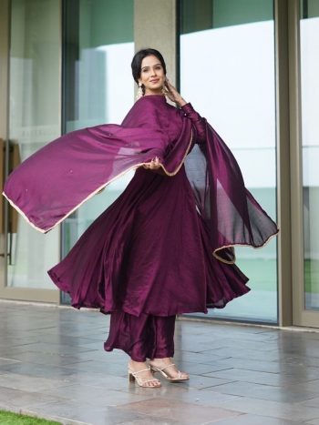 FANCY CHINON SILK PLAIN GOWN BOTTOM WITH DUPATTA WINE