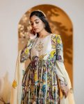 FANCY CHINON SILK ZARI EMBROIDERY KALAMKARI PRINT WORK GOWN WITH DUPATTA FESTIVAL WEAR WHOLESALE PRICE ETHNIC GARMENT (4)