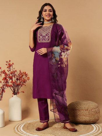 FANCY COTTON EMBROIDERY SEQUENCE WORK TOP BOTTOM DUPATTA WINE