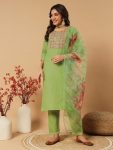 FANCY COTTON EMBROIDERY SEQUENCE WORK TOP BOTTOM DUPATTA PARROT GREEN
