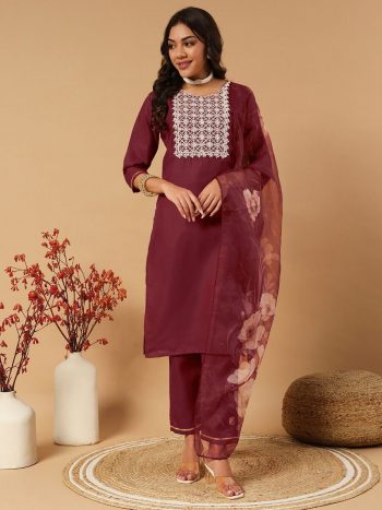 FANCY COTTON EMBROIDERY SEQUENCE WORK TOP BOTTOM DUPATTA MAROON