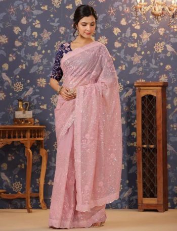 FANCY GEORGETTE EMBRIDERY SEQUENCE LACE WORK SAREE WITH UNSTITCHED BLOUSE BABY PINK