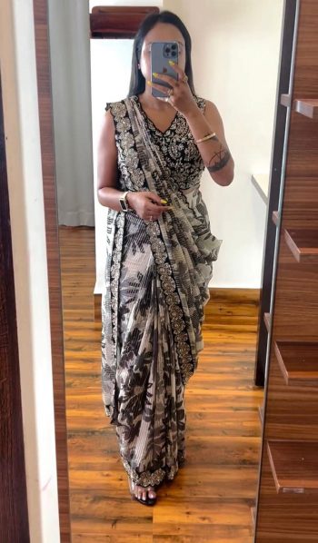 FANCY GEORGETTE EMBROIDERY CODING DIGITAL PRINT WORK READY TO WEAR SAREE WITH STITCHED BLOUSE WHITE