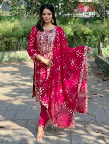 FANCY GEORGETTE EMBROIDERY SEQUENCE WORK TOP BOTTOM WITH DUPATTA PINK