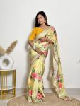 FANCY GEORGETTE FLOWER PRINT EMBROIDERY ZARI SEQUENCE WORK SAREE WITH STITCHED BLOUSE YELLOW