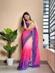 FANCY GEORGETTE SATIN DIGITAL PRITN EMBROIDERY SEQUENCE WORK SAREE WITH STITCHED BLOUSE FESTIVAL WEAR WHOLESALE PRICE ETHNIC GARMENT 2 (2)