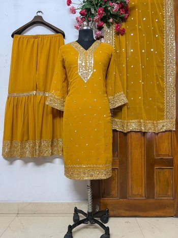 FANCY GEORGETTE SEQUENCE EMBROIDERY WORK TOP SHARARA WITH DUPATTA YELLOW
