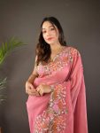 FANCY GLOSSY SILK EMBROIDERY FLORAL CUT WORK SAREE WITH UNSTITCHED BLOUSE PARTY WEAR WHOLESALE PRICE ETHNIC GARMENT (8)