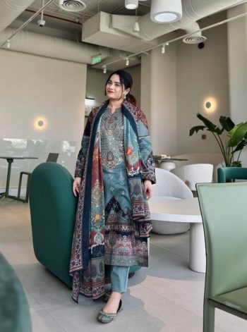 FANCY MUSLIN COTTON DIGITAL PRINTED EMBROIDERY SEQUENCE WORK TOP BOTTOM WITH DUPATTA SKY