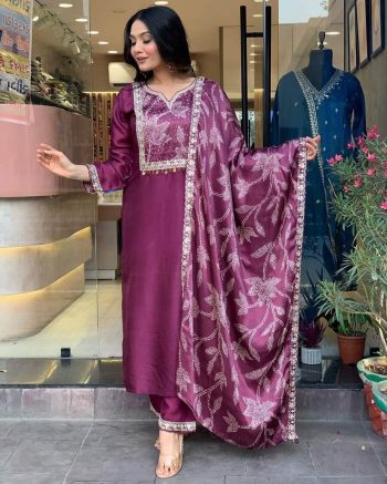 FASHIONABLE CHANDERI SILK EMBROIDERY CODING SEQUENCE WORK TOP BOTTOM WITH DUPATTA MAROON