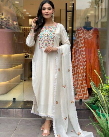 FASHIONABLE CHANDERI SILK EMBROIDERY WORK TOP BOTTOM WITH DUPATTA WHITE