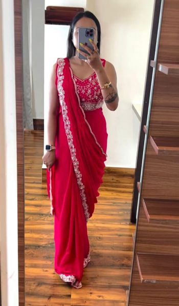 FASHIONABLE CHINON EMBROIDERY CODING WORK READY TO WEAR SAREE WITH STITCHED BLOUSE RANI
