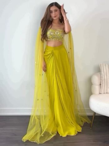 FASHIONABLE CHINON SILK THREAD SEQUENCE WORK LEHNGA CHOLI WITH SHRUG LEMON