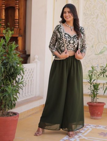 FASHIONABLE GEORGETTE EMBROIDERY SEQUENCE WORK  PALAZZO CHOLI WITH KOTI GREEN