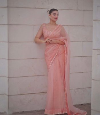 FASHIONABLE ORGANZA SILK EMBROIDERY SEQUENCE WORK SAREE WITH UNSTITCHED BLOUSE  BABY PINK