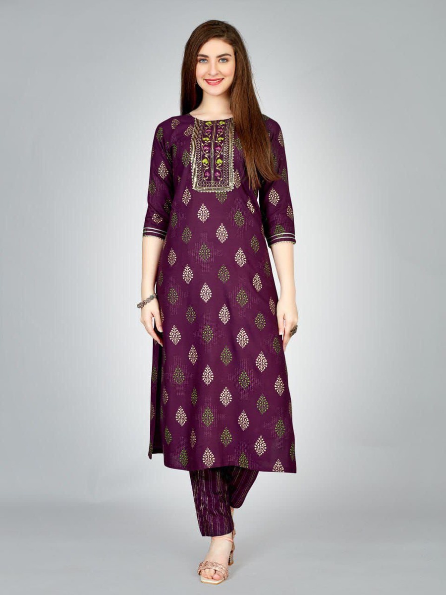 FASHIONABLE RAYON FOIL PRINT WITH EMBROIDERY WORK KURTI WITH BOTTOM CASUAL WEAR WHOLESALE PRICE ETHNIC GARMENT (2)