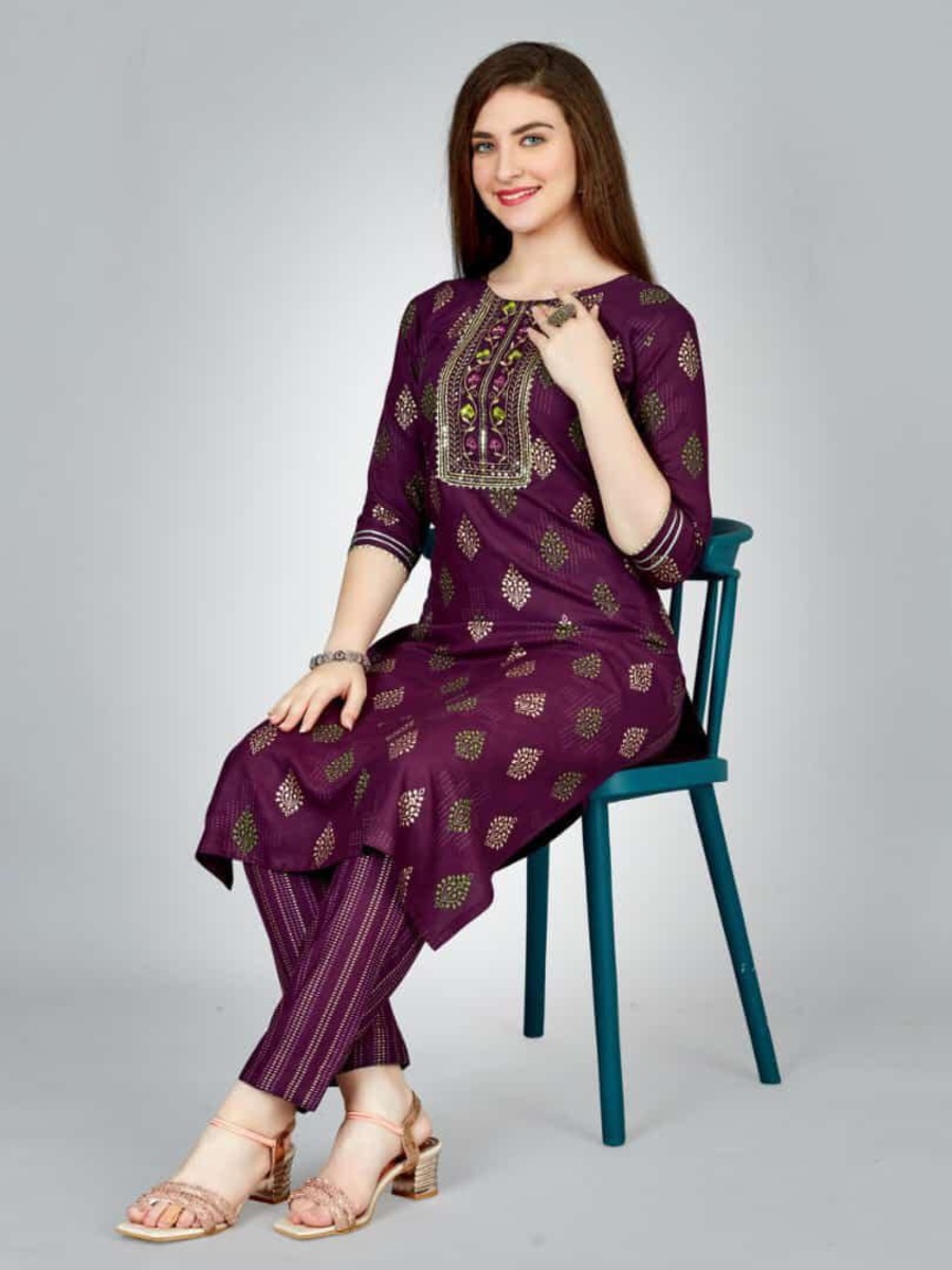 FASHIONABLE RAYON FOIL PRINT WITH EMBROIDERY WORK KURTI WITH BOTTOM CASUAL WEAR WHOLESALE PRICE ETHNIC GARMENT (3)