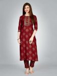 FASHIONABLE RAYON FOIL PRINT WITH EMBROIDERY WORK TOP PANT SET MAROON