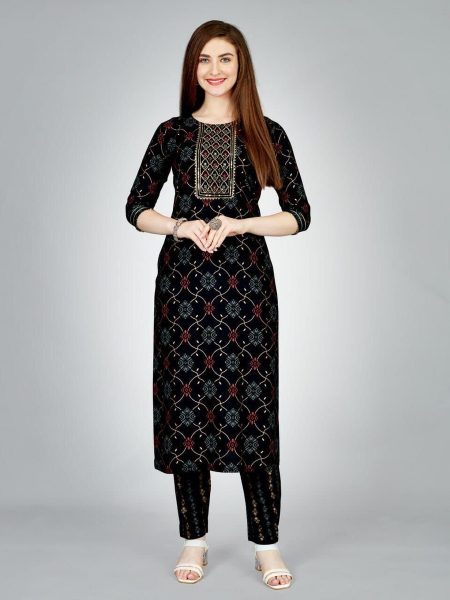 FASHIONABLE RAYON FOIL PRINT WITH EMBROIDERY WORK TOP PANT SET BLACK