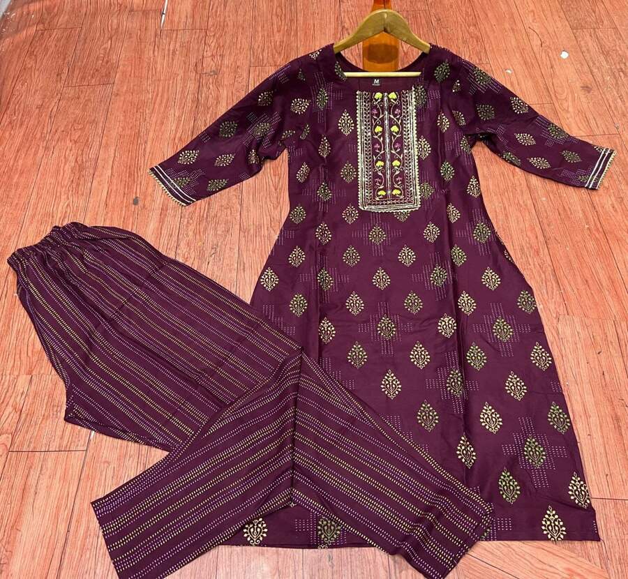 FASHIONABLE RAYON FOIL PRINT WITH EMBROIDERY WORK KURTI WITH BOTTOM CASUAL WEAR WHOLESALE PRICE ETHNIC GARMENT (8)
