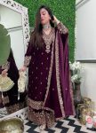 FASHIONABLE VELVET EMBROIDERY SEQUENCE WORK TOP PALAZZO WITH DUPATTA WINE