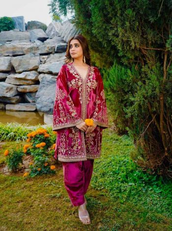 FASHIONABLE VELVET EMBROIDERY SEQUENCE WORK TOP PALAZZO WITH DUPATTA PINK