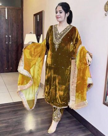 DESIGNER VISCOSE VELVET EMBROIDERY SEQUENCE MOTI WORK TOP BOTTOM WITH DUPATTA YELLOW