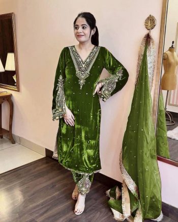 DESIGNER VISCOSE VELVET EMBROIDERY SEQUENCE MOTI WORK TOP BOTTOM WITH DUPATTA  PARROT GREEN