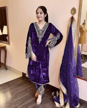 DESIGNER VISCOSE VELVET EMBROIDERY SEQUENCE MOTI WORK TOP BOTTOM WITH DUPATTA PURPLE