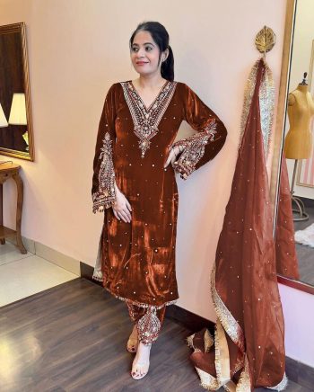 DESIGNER VISCOSE VELVET EMBROIDERY SEQUENCE MOTI WORK TOP BOTTOM WITH DUPATTA ORANGE