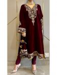 FASHIONABLE VELVET SEQUENCE EMBROIDERY WORK KURTI WITH PALAZZO MAROON