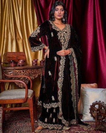 FASHIONABLE VELVET ZARI EMBROIDERY WORK TOP PALAZZO WITH DUPATTA MAROON