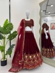 GEORGEOUS VELVET THREAD SEQUENCE WORK LEHENGA CHOLI WITH DUPATTA WEDDING WEAR WHOLESALE PRICE ETHNIC GARMENT (6)