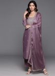 LATEST CHANDERI SILK EMBROIDERY WORK TOP BOTTOM WITH DUPATTA LAVENDER